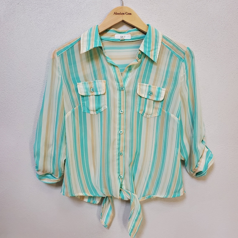 EDGE aqua blue tan cream striped sheer collared blouse button up top waist tie S